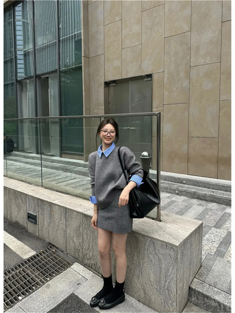 

Весенний вязаный комплект в стиле ретро, женский свитер с воротником и юбка, комплект из двух предметов, повседневная рабочая одежда, длинный све, винтажный Sle