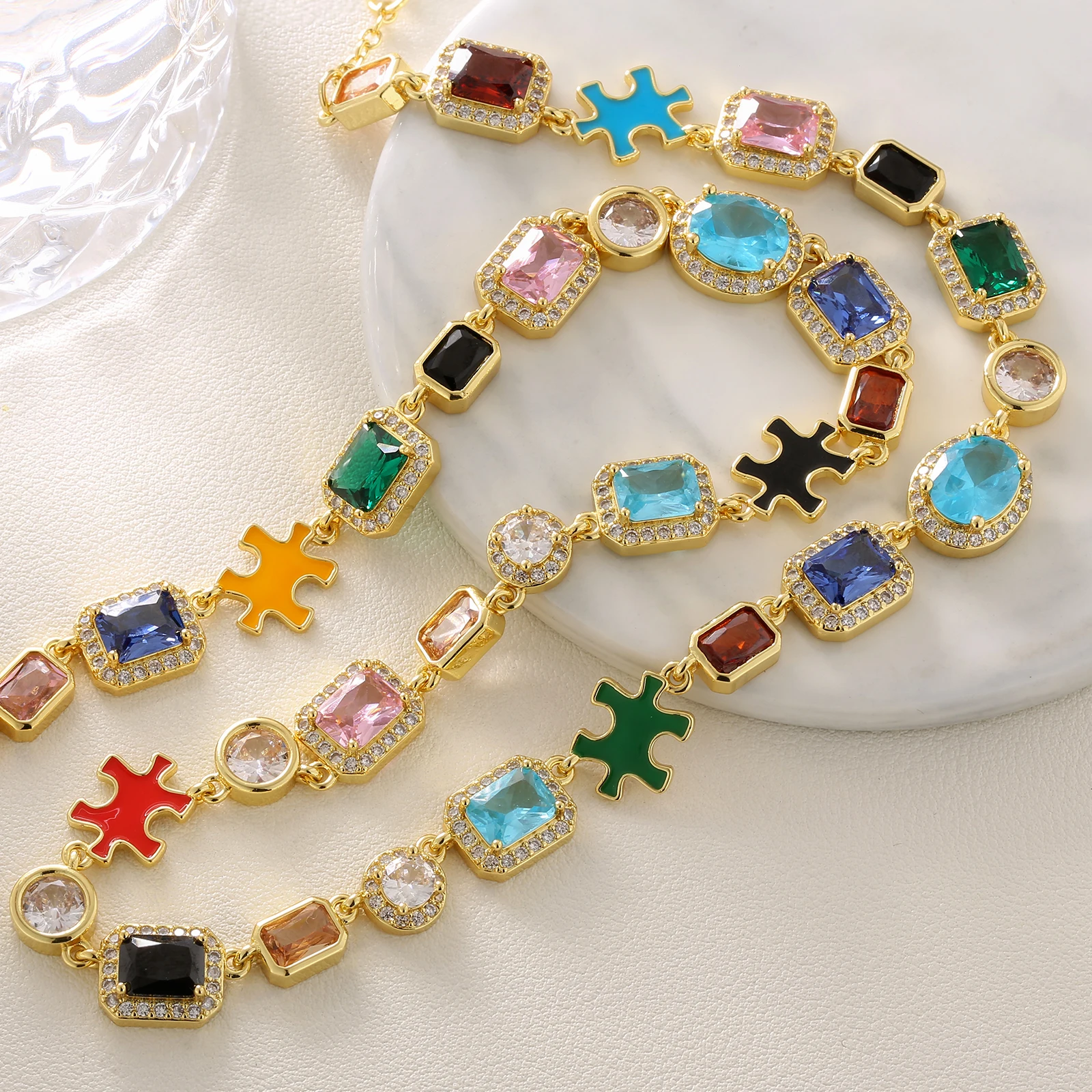

Diamond Link Chain 18K Gold Plated Men Hip Hop Women Colorful Cubic Zirconia Gemstone Necklace