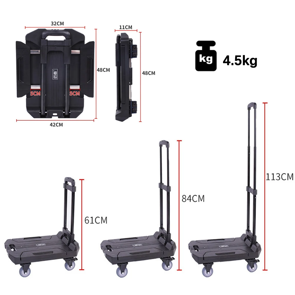 Multifunctional Retractable Folding Wheel Trolley Home Portable Shopping Cart with Pull Rod Mute House Garden Handcart