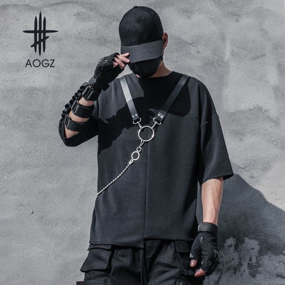 

AOGZ Summer Men Stitching Irregular Hem Loose Middle-sleeve Korean T-shirt Hip Hop Casual Loose Half-sleeve Tee Shirts Tops Thin