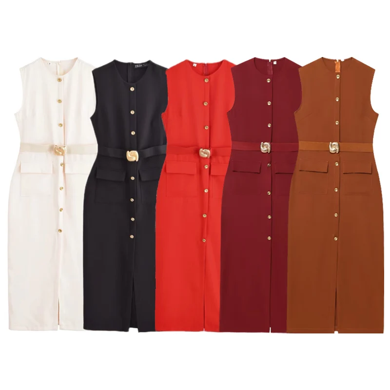 HXAO Womens Black Dresses Belt Long Dresses Summer 2025 Casual Women's Dresses Midi Sleeveless Vestidos Button Up Slim Dresses