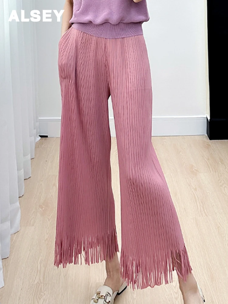 

ALSEY Miyake Pleated Simple Tassel Straight Pants For Women Autumn New Solid Color Elegant Elastic Waist Wide Leg Trousers