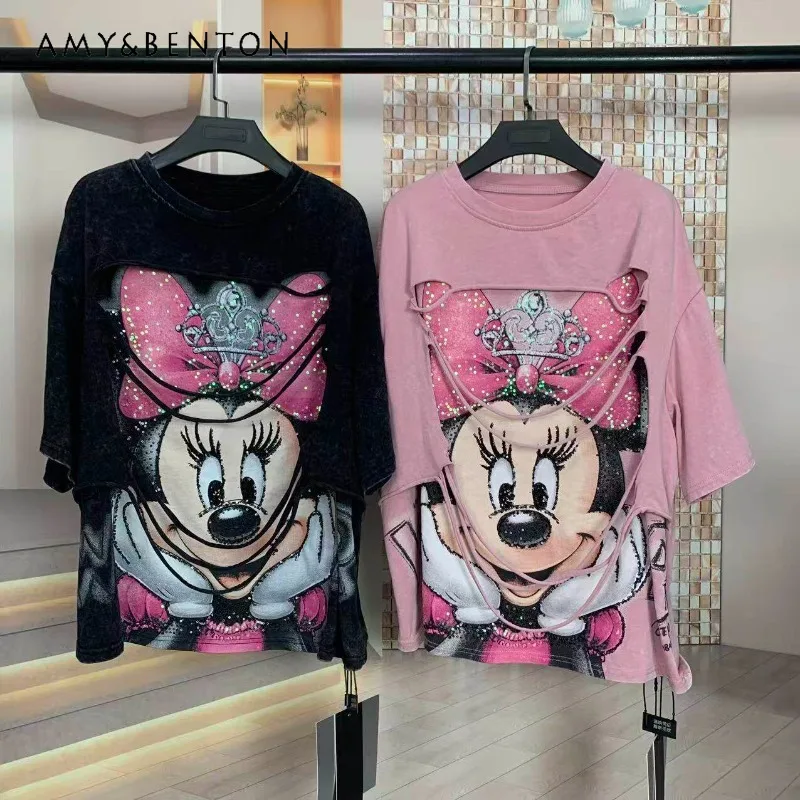 

Trendy Brand Spring Summer Tees Heavy Craft Ripped Fashion Youthful Cartoon Loose Short-sleeves T-shirt Top For Women's Top Tees