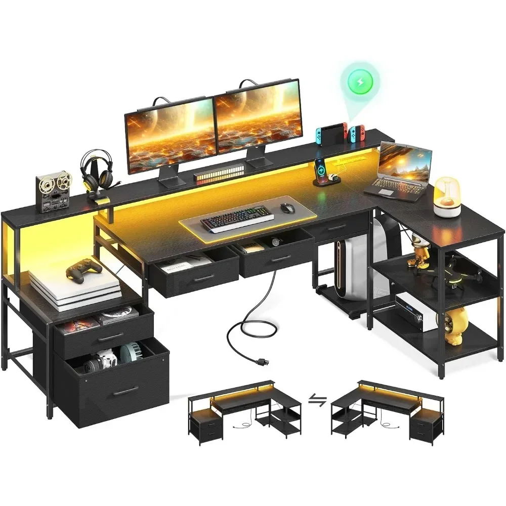 

BestsellerL Shaped Desk with 5 File Drawers, 75" Reversible L Shaped Computer Desk with Power Outlet & LED Strip, Office Desk wi