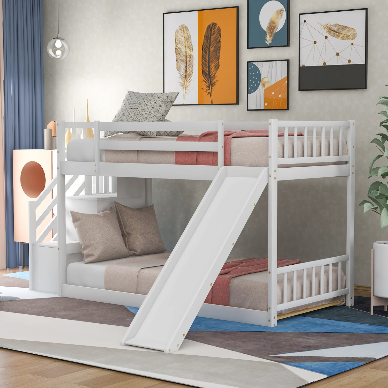 

Twin over Twin Bunk Bed with Convertible Slide and Stairway, White