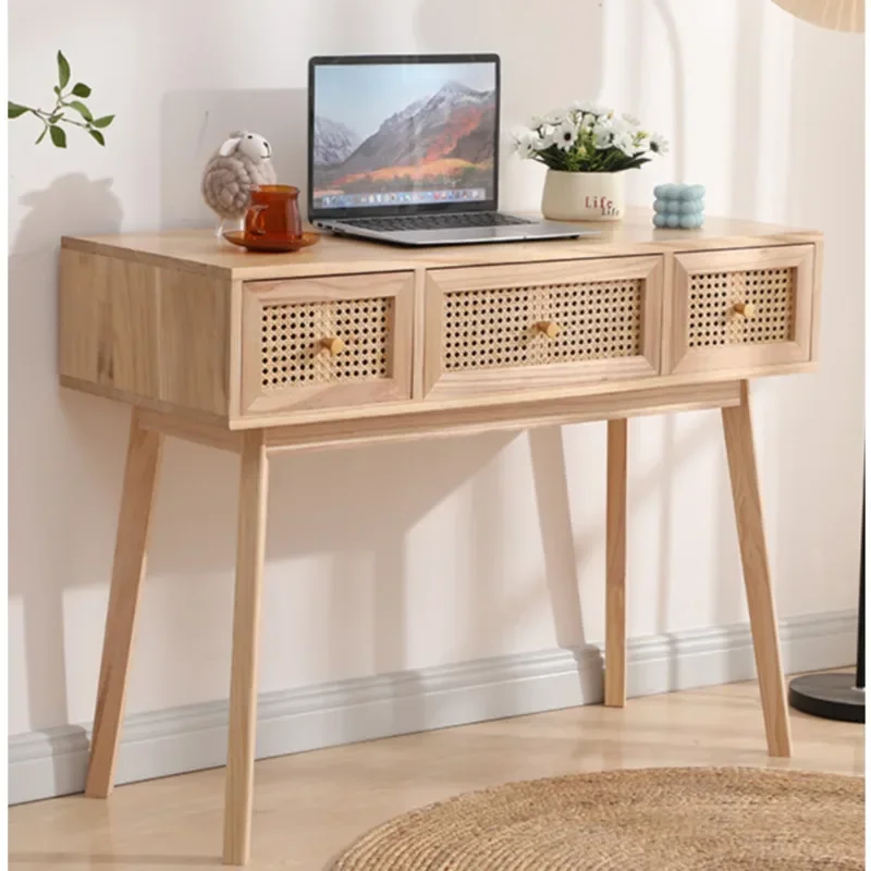 Modern Writing Desks Living Room Solid Wood Computer Desk Natural Vine Weaving Dressing Table Multigrid Drawer Storage Cabinet