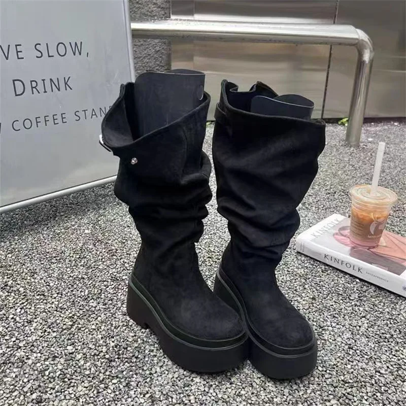 New Women's Suede Platform Knee High Boots 2026 Autumn Winter Gothic Chunky Heel Slouchy Combat Boots Thick Sole for Small Feet - view 3