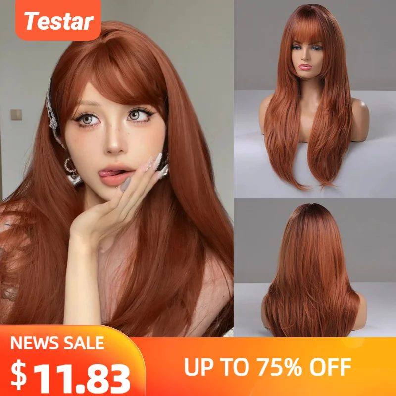 

Reddish Brown Straight Layered Synthetic wig with Bangs Long hair Copper Ginger Wig for Women Daily Use Heat Resistant Wigs