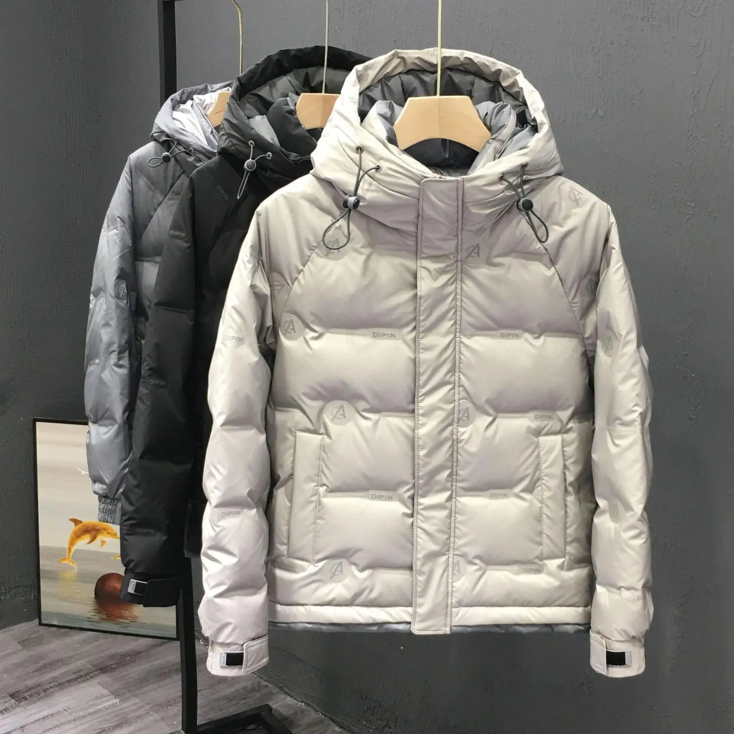 

Down jacket men's 2025 winter new youth trend printed men's clothing thickened warm white duck down hooded jacket
