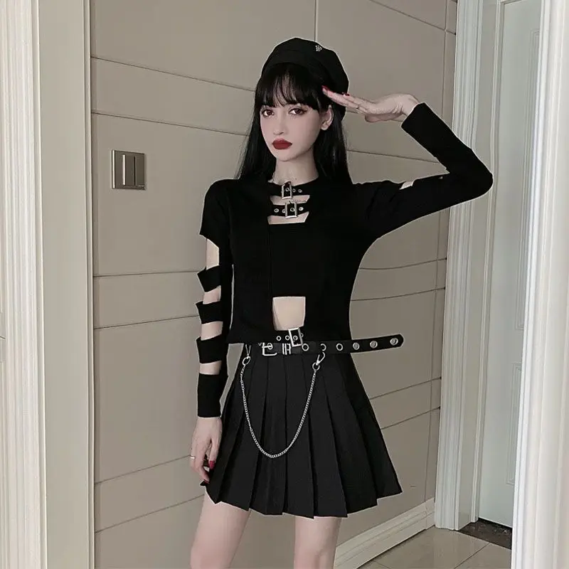 

Spring and Summer Fashion Set Female Sexy Hollow Out Long Sleeved T-shirt Dark Style Super Cool Small Two-piece Set