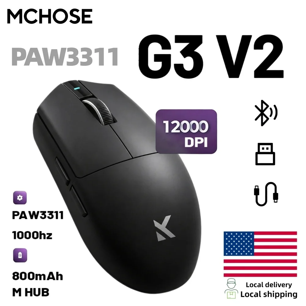

MCHOSE G3 V2 Wireless Gaming Mouse PAW 3311 Sensor Tri-mode 800mAh All-Around Grip Omron Mechanical Switches TTC Silver Wheel