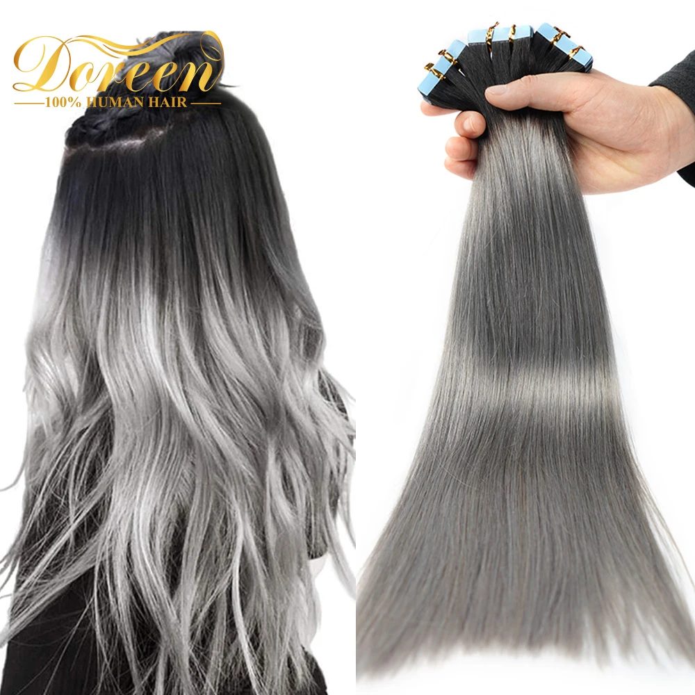 Doreen European 100% Real Human Hair Tape In Extensions 16 to 24  50g 2.5g/pcOmbre Black Silver Grey Hair PU Seamless Tape ins