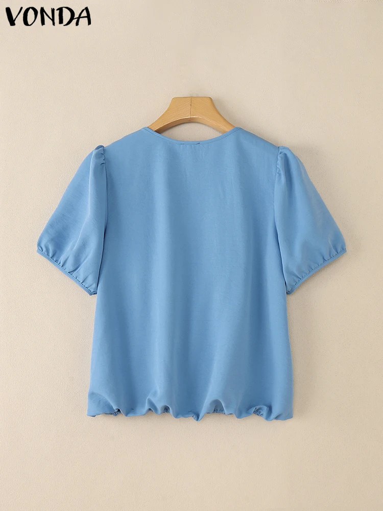 VONDA Mode Zomer Korte Mouw Blouses Vrouwen Tuniek Tops Bandage O-hals Casual Solid Losse Elegante Kantoor Koreaanse Zoete Blusas