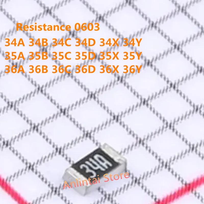 100 STKS SMD Weerstand 0603 34A 34B 34C 34D 34X 34Y 35A 35B 35C 35D 35X 35Y 36A 36B 36C 36D 36X 36Y Dikke Filmweerstand