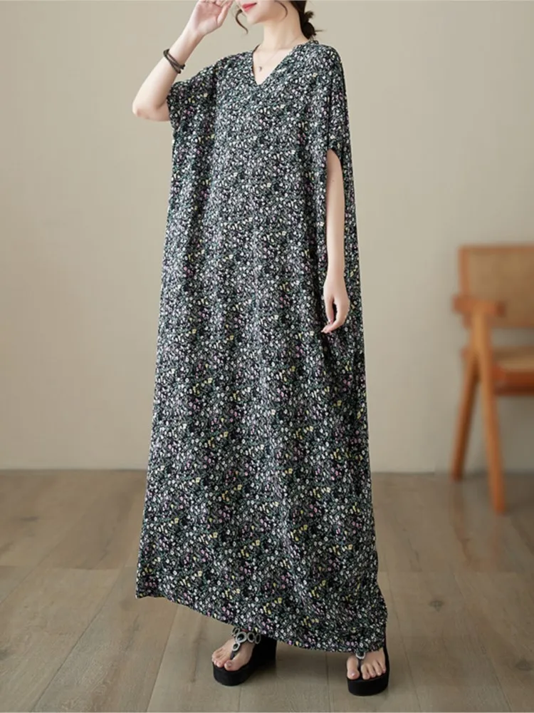 Oversized Summer Pullover V-Neck Long Dress Women Loose Ruffle Pleated Fashion Floral Print Ladies Dresses Casual Woman Dress