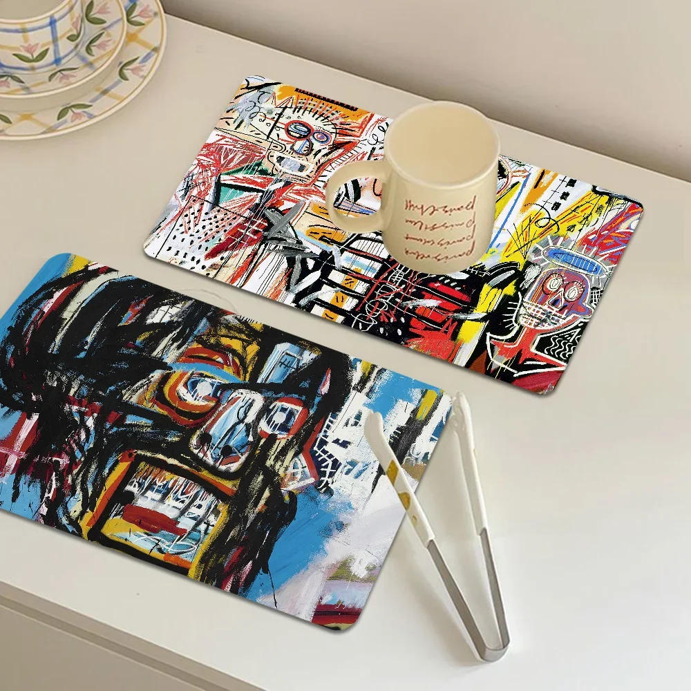 Jean Michel Basquiat Art GraffitiKitchen Drainage Mat Retro Style Dish Drying Pads Absorbent Placemats Drainer Tableware Mats
