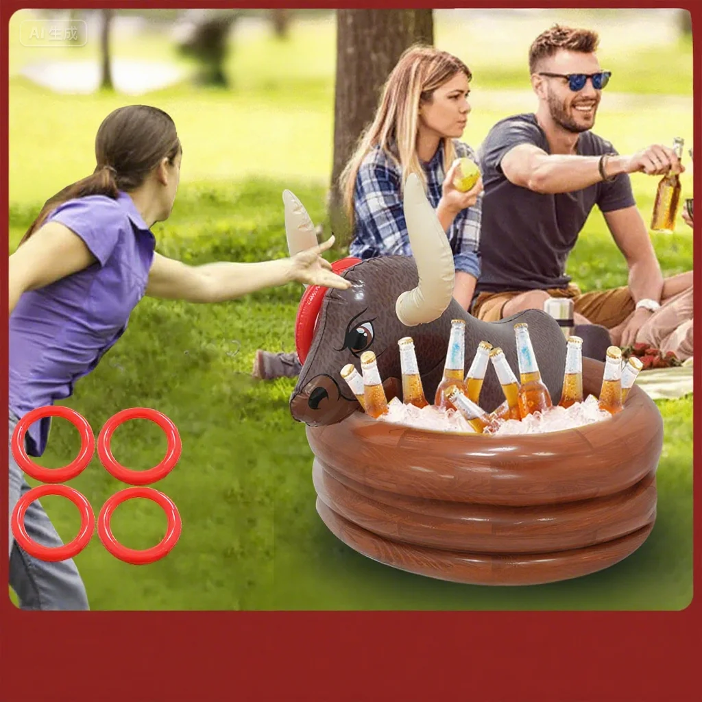 Anel inflável lance brinquedo suporte de copo pvc touro lanches bebida balde de gelo jogo interativo anel festa bebida balde de gelo