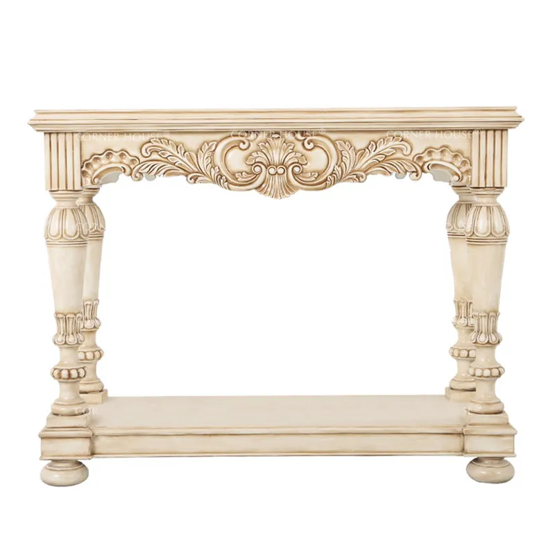 DSA solid wood white old foyer entrance table carved decorative cabinet retro wall side table back few