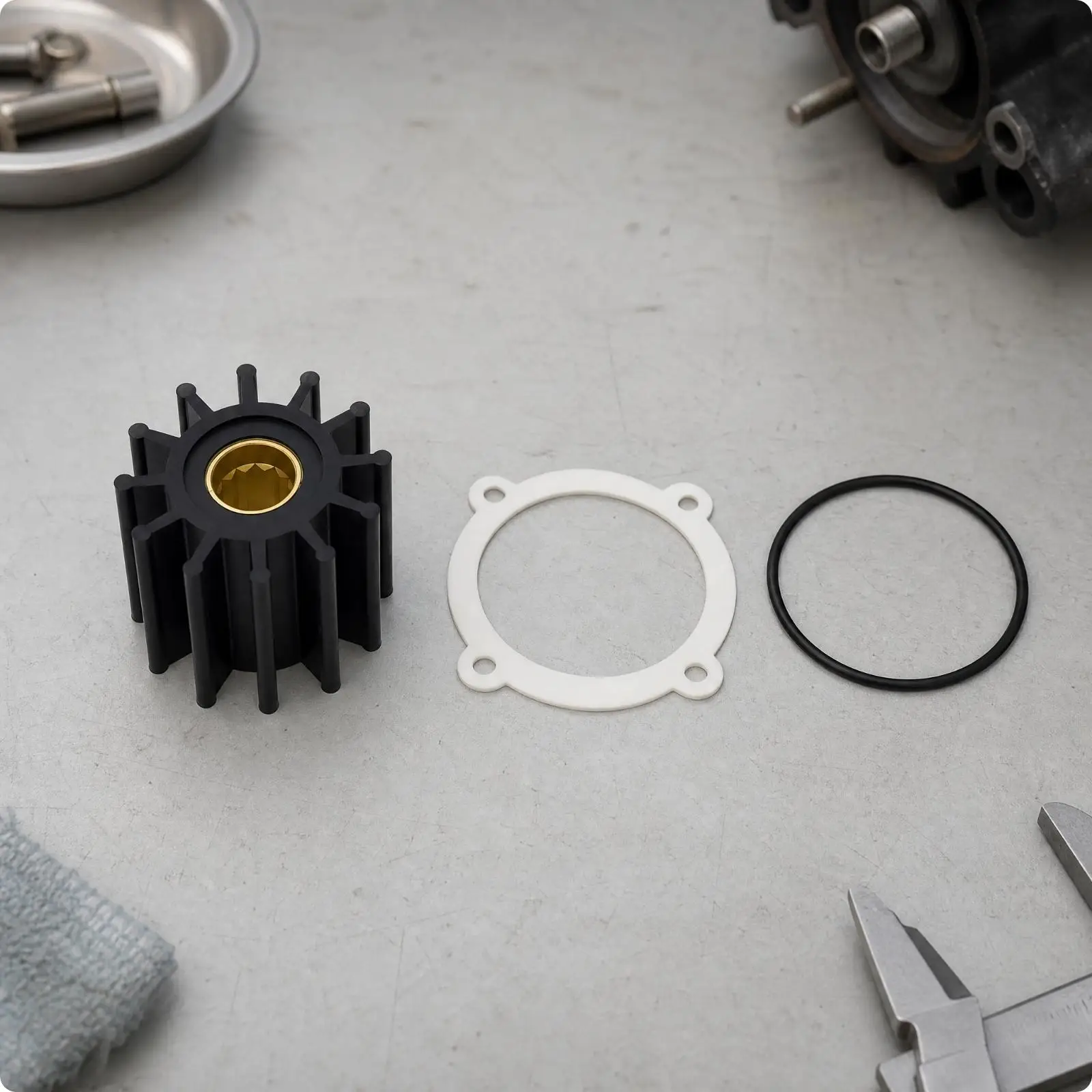 Rubber Marine Pump Impeller for Outboard Motor Water Pump Replacement with Brass Insert Mounting Gasket