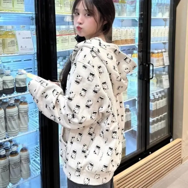 

Женская флисовая толстовка с капюшоном Hello Kitty, куртка на молнии, осень-зима, уютная повседневная толстая теплая верхняя одежда в ленивом стиле, модные топы Kawaii