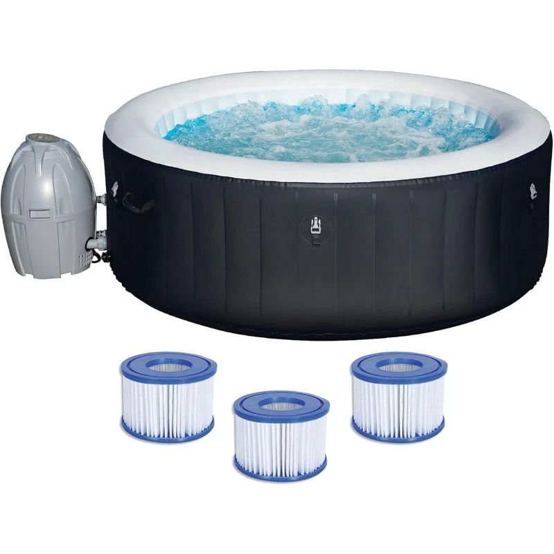 4 Person Capacity Inflatable Portable Round Hot Tub with 60 Air Jets, Tub Cover and Pump, Durable Thick Material for Outdoor Use