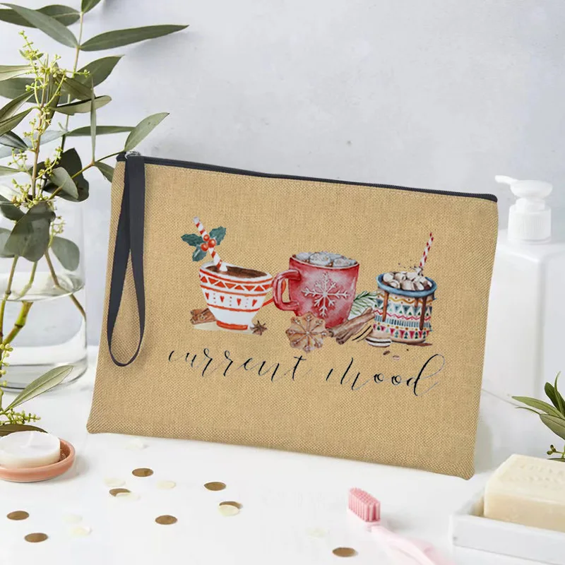 Merry Christmas Linen Storage Supplies Bags Travel Lipstick Bag Xmas Ornament Pouch Toilet Makeup Bolsas for Coffee Enthusiasts