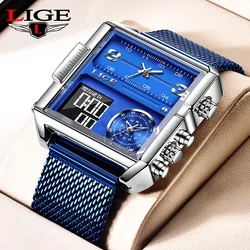 LIGE Mens Watch Fashion Square Calendar Quartz Watches Men Luxury LED Dual Display Digital Stainless Steel Chronograph Man Watch