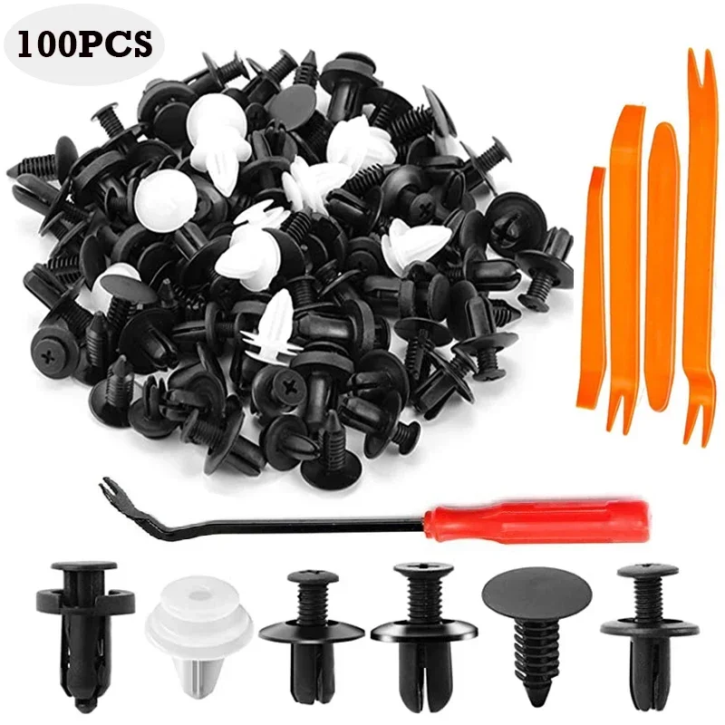 100pcs 6 Size Auto Fastener Clips With Crowbar Bumper Door Trim Panel Retainer Fastener Kit Car Body Push Pin Rivet Repair Tools