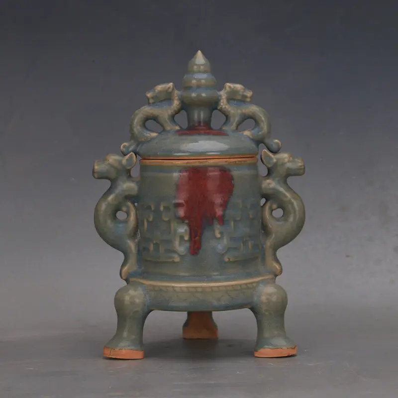 Song Dynasty Jun Ware Blue Glaze Splash Color Dragon Pattern Three Legged Censer Chinese Vintage Home Decor Collectible