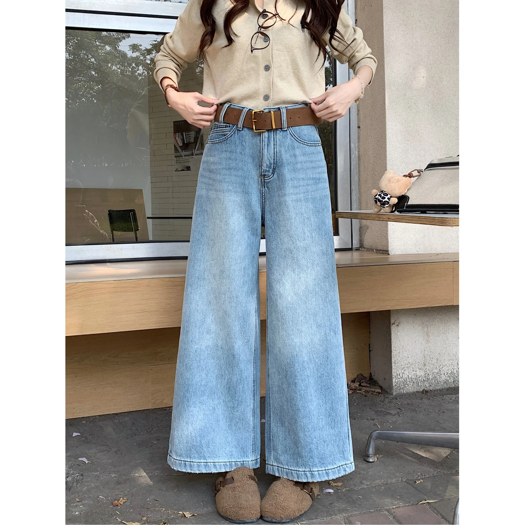 Thiened Fce wijde pijpen jeans dames klein formaat ontwerp vintage getailleerde losse rechte gesneden denim broek woon-werkverkeer casual...