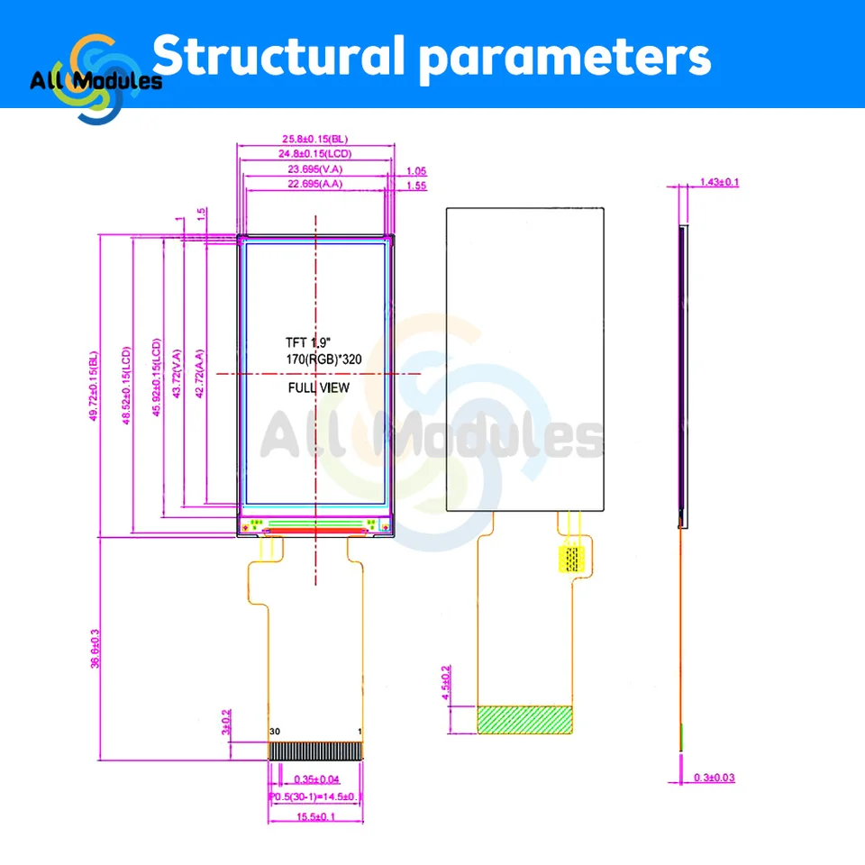 1,9-Zoll IPS-TFT-Farbdisplay 170x320 Mit SPI-Schnit Produktbild-Vorschau 2