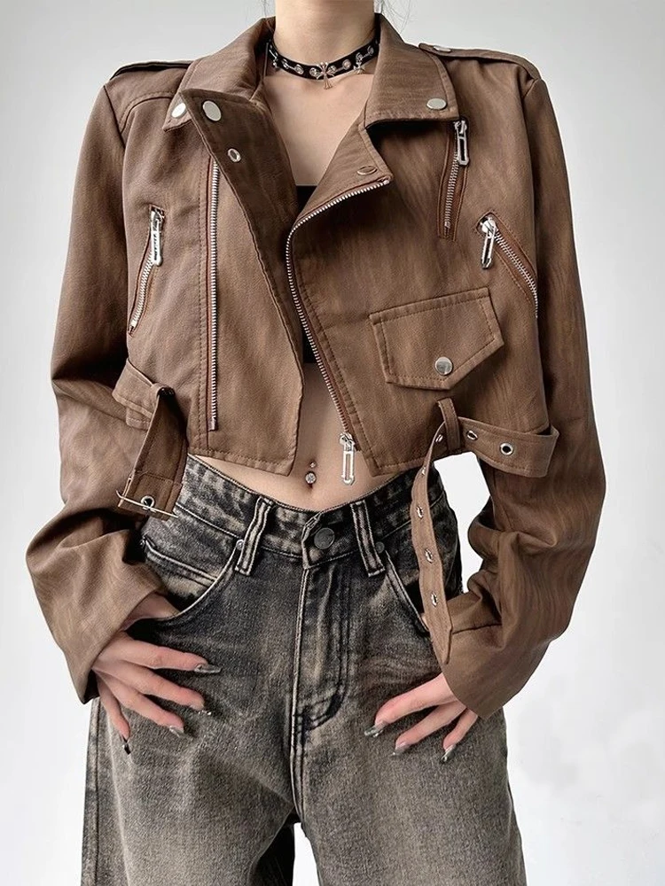 

Punk Brown Cropped Leather Jacket Women Outwear Zipper Moto Biker Leather Jacket Casual Chic Design High Street Leather Coat New