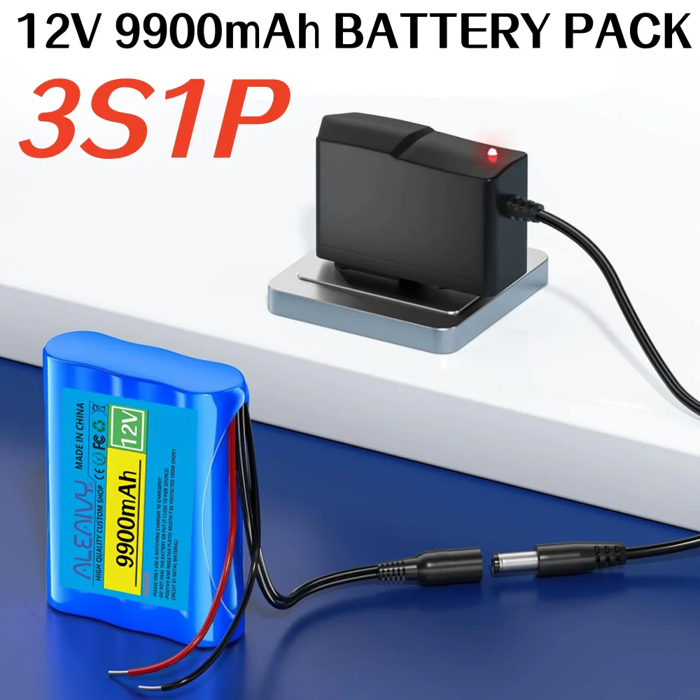 3 بطاريات 18650 بطارية قابلة لإعادة الشحن 12 فولت 9900 مللي أمبير 18650 ليثيوم أيون تيار مستمر 12.6 فولت بطارية بديلة أو + شاحن 12 فولت 1 أمبير.