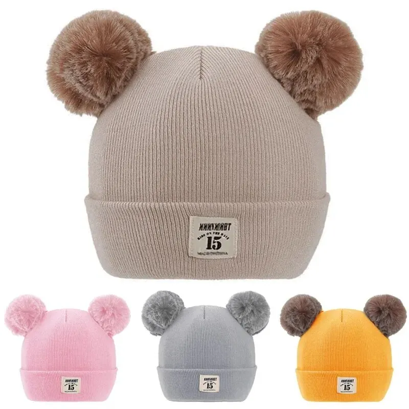 Winter Children Warm Baby Knitted Hats with Pom Pom Kids Knit Beanie Hats Solid Color Children\'s Hat for Boys Girls Accessories