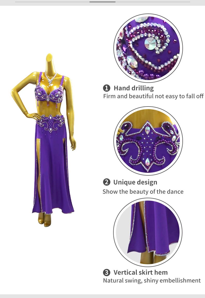 Damen Abend-Bauchtanzkleid, langer Rock, Tanzanzug, Tanzkleidung, orientalisches Bühnenkostüm, Bauchtanz-Performance-Outfit, Übungskleidung für Mädchen – Detail 6