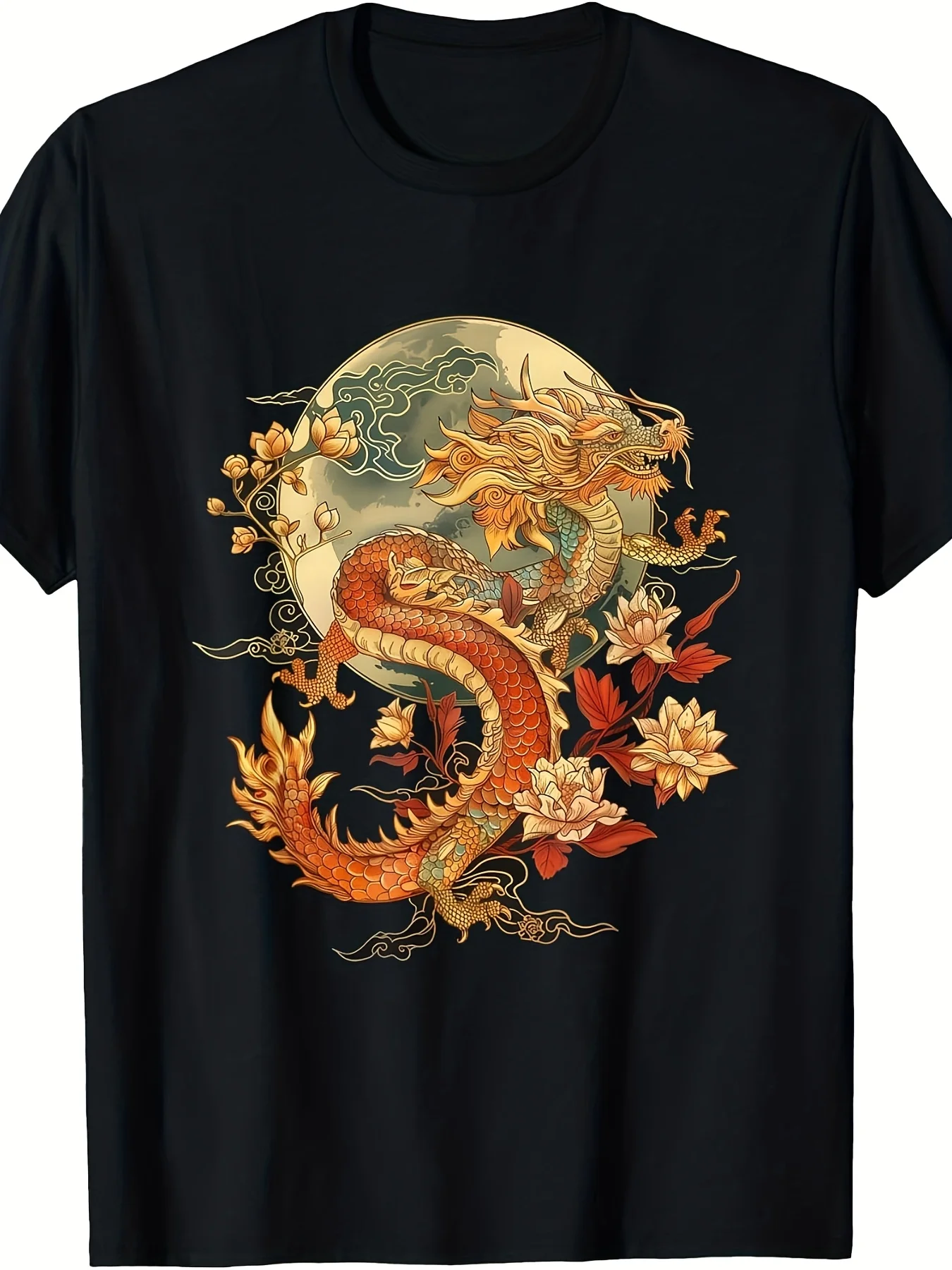 Scarlet Moonlight Floral Dragon Art Nouveau Style T-Shirt Unisex 2025 Summer Short Sleeve Printed T-Shirt Pure 220g