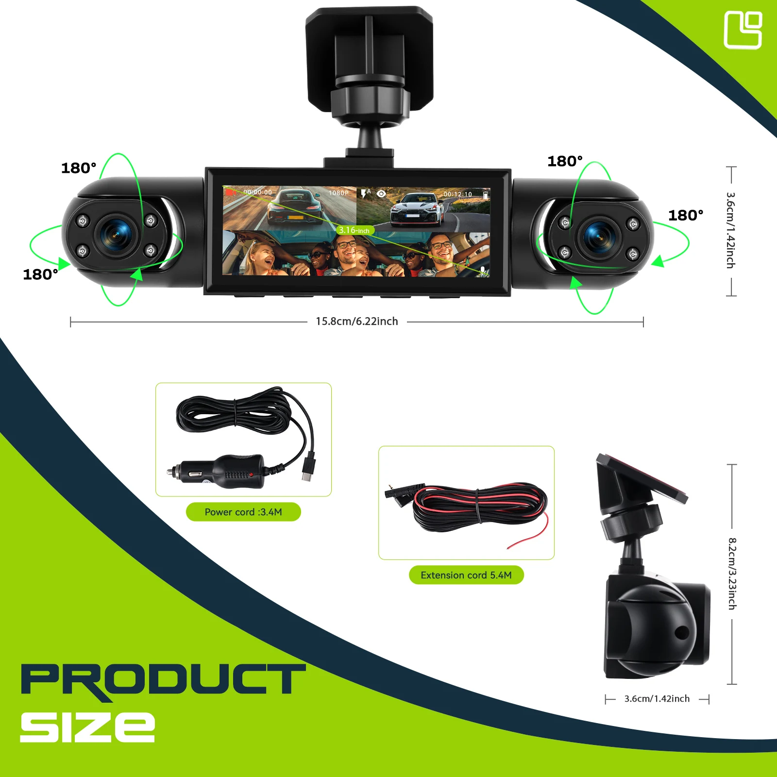 Podofo 3,16 Zoll Auto-Dashcam 1080P Auto-Blackbox Dashcam mit Vier HD-Kameras Einschließlich 480P Linke Innenkamera, Rechte Innenkamera und Rückkamera – Detail 13