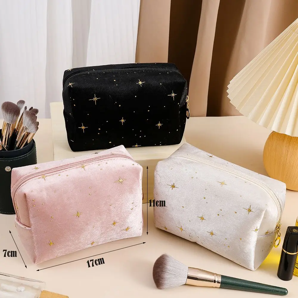 High Quality Portable Cosmetic Bag Soft Velvet with Zipper Make Up Storage Bag Hot Stamping Star Pattern Women Toiletry Bag