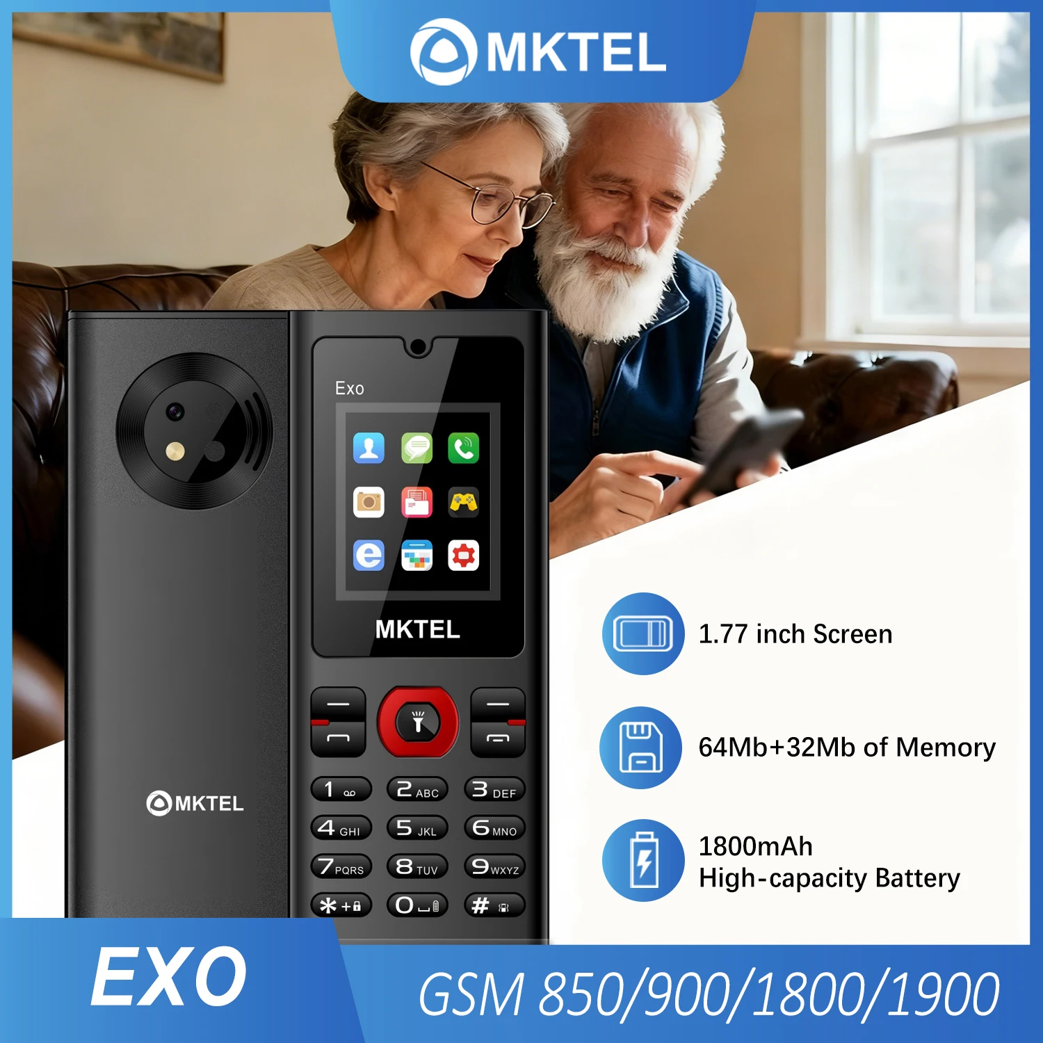 EXO Feature Phone 1.77 inch Dual SIM Dual Standby 1800mAh Battery Bluetooth FM Radio MP3 Torch Unlocked Basic Mobile Ph