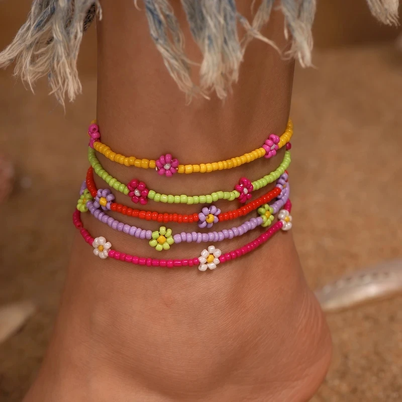 5pcs Colorful Boho Handmade Flower Beads Anklets for Women Girls Multiple Layers Ankle Bracelet Chain Foot Jewelry Gifts