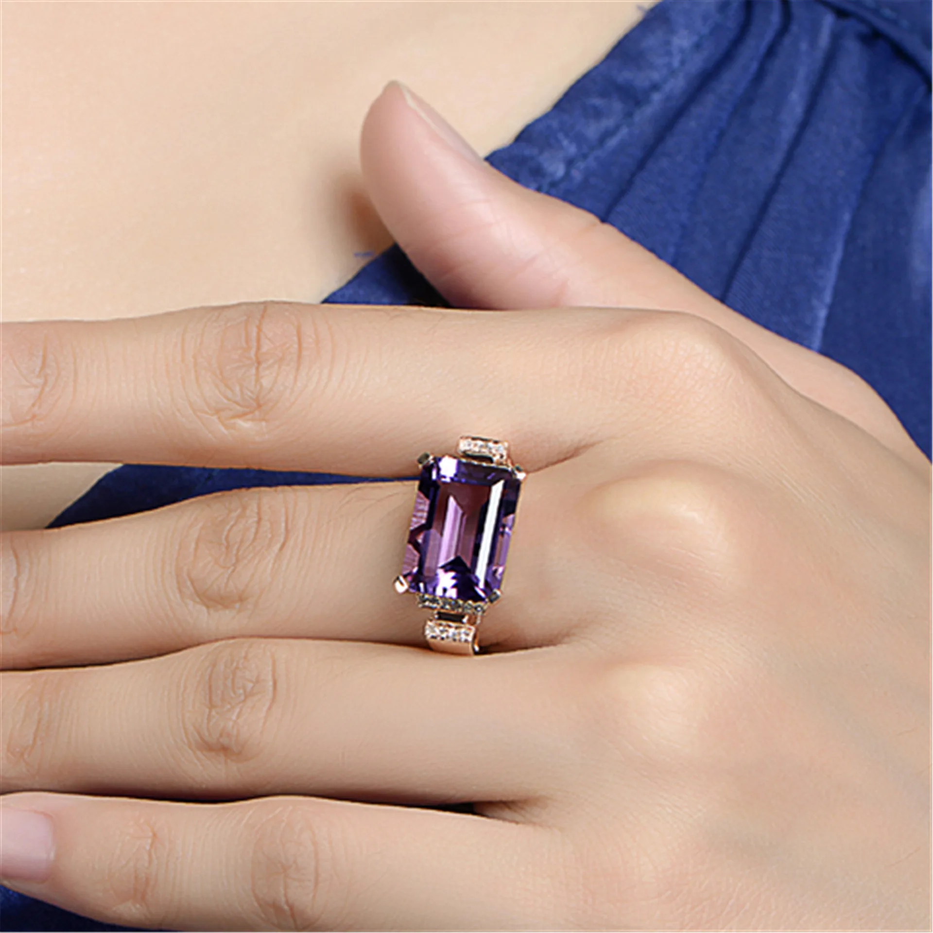 Big Amethyst Gemstone Ring Hollowed-out Silver Rings Exaggerated Silver Hand Jewelry For Women Crystals Rings