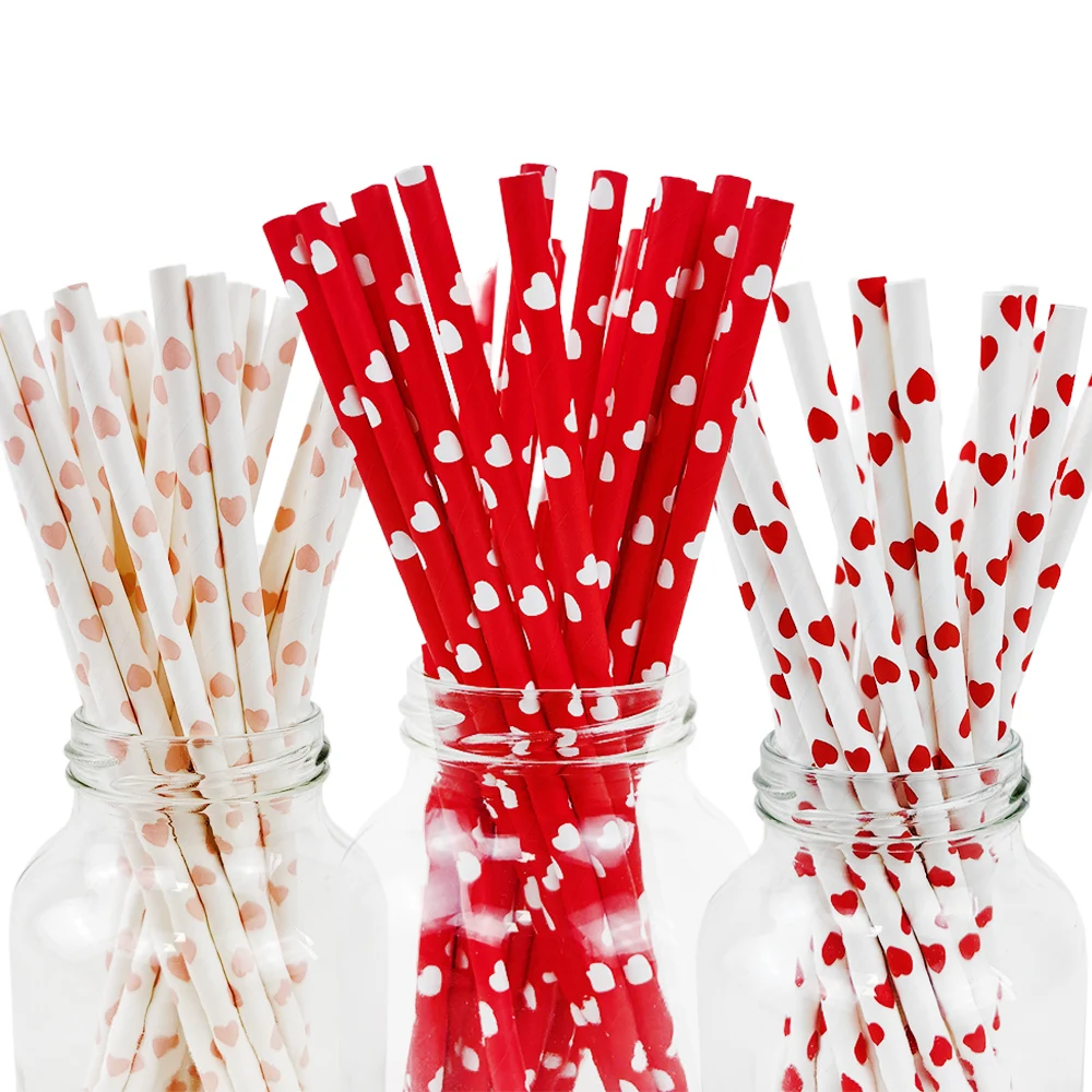 25/50/75pcs Valentine Party Red Love Heart Party Paper Straws Biodegradable Drinking Straws Valentine's Day Wedding Decorations