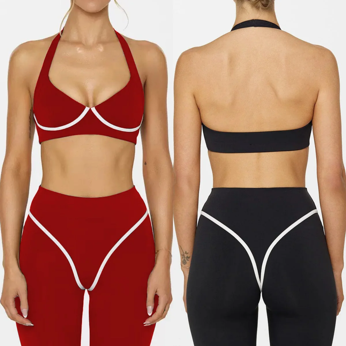 

Женский комплект для йоги из 2 предметов, спортивный костюм с лямкой на шее, спортивный бюстгальтер, леггинсы с высокой талией, брюки для фитнеса, спортивный комплект контрастного цвета, одежда для бега