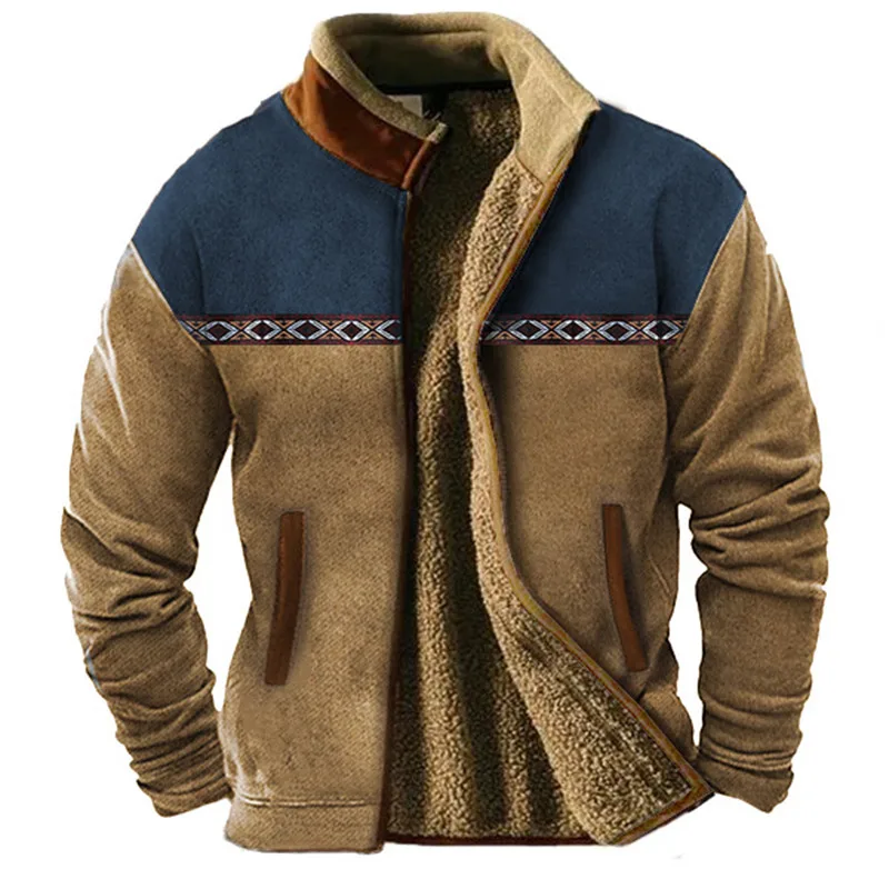 Ropa de abrigo para hombre, chaqueta de lana para hombre, forro de felpa de manga larga para hombre, calidez étnica vintage, top de invierno para exteriores