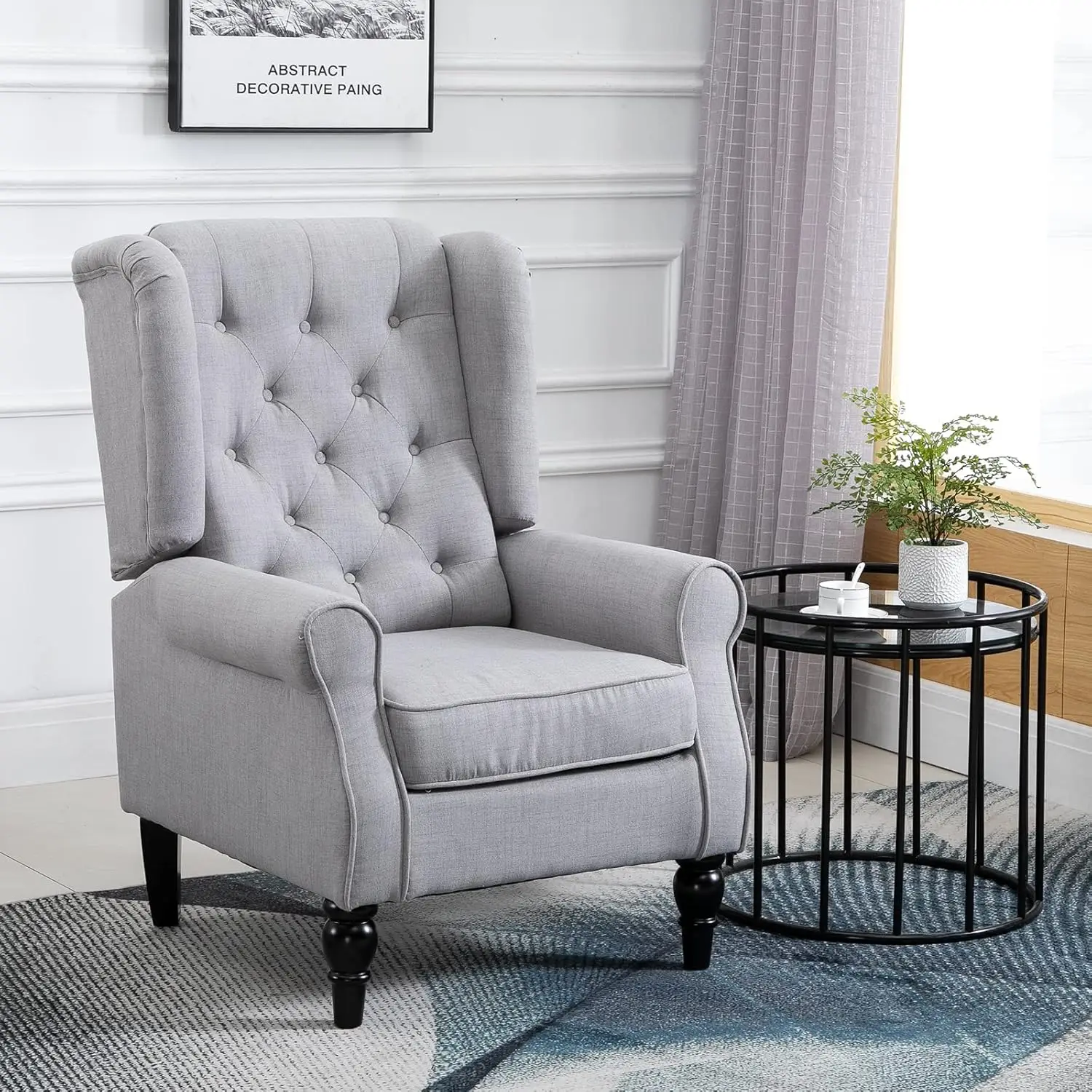 Button-Tufted Accent Chair with High Wingback Rounded Cushioned Armrests and Thick Padded Seat Grey sturdy and durable