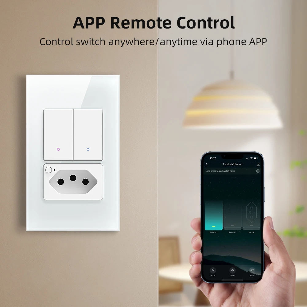 AVATTO Tuya WiFi Smart Wall Switch & Socket Brazil Standard 4X2 Glass Panel 1/2 Buttons Light Switch Work With Alexa,Google Home