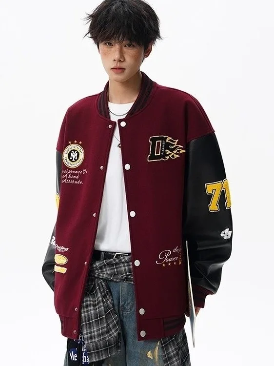 

Loose Men's Baseball Jaet Heavyweight Casual Embroidered Patchwork Leather Autumn Faion Street Sle Couple's Coat