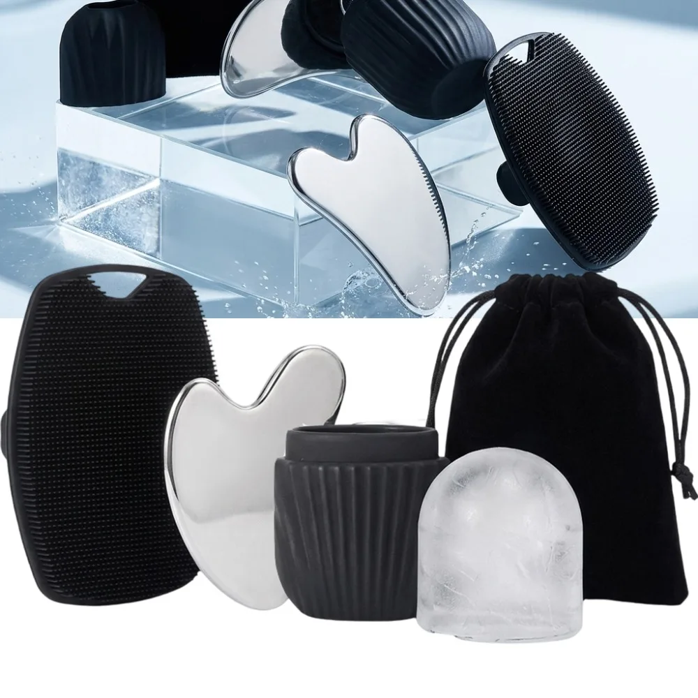 1/4Pcs Facial Care Massage Set Includ Ice Face Silicone Face Clean Massage Brush Stainless Steel Scraping Board Skin Care Tools