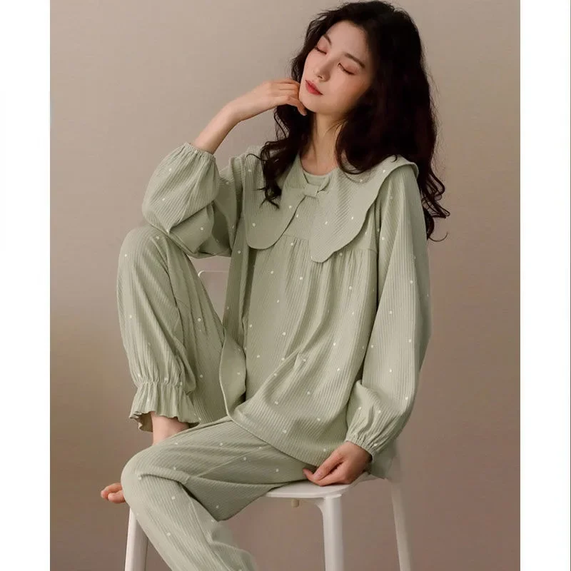 

2024 New Girls' Pajamas Spring and Autumn Loungewear Cotton Long Sleeve Loose Falbala Sleepwear Cute Doll Neck Homewear Set