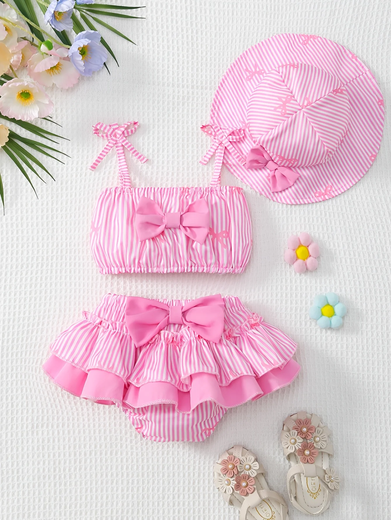3pcs Colorful Strapless Top for Baby Girls + Elastic Waist Bow-Decorated Bloomer Skirt + Cute Summer Sun Hat for Outings